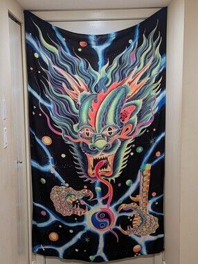 EUC Massive 47"x77" Trippy Psychedelic Dragon Neon Batik Tapestry Door Cover